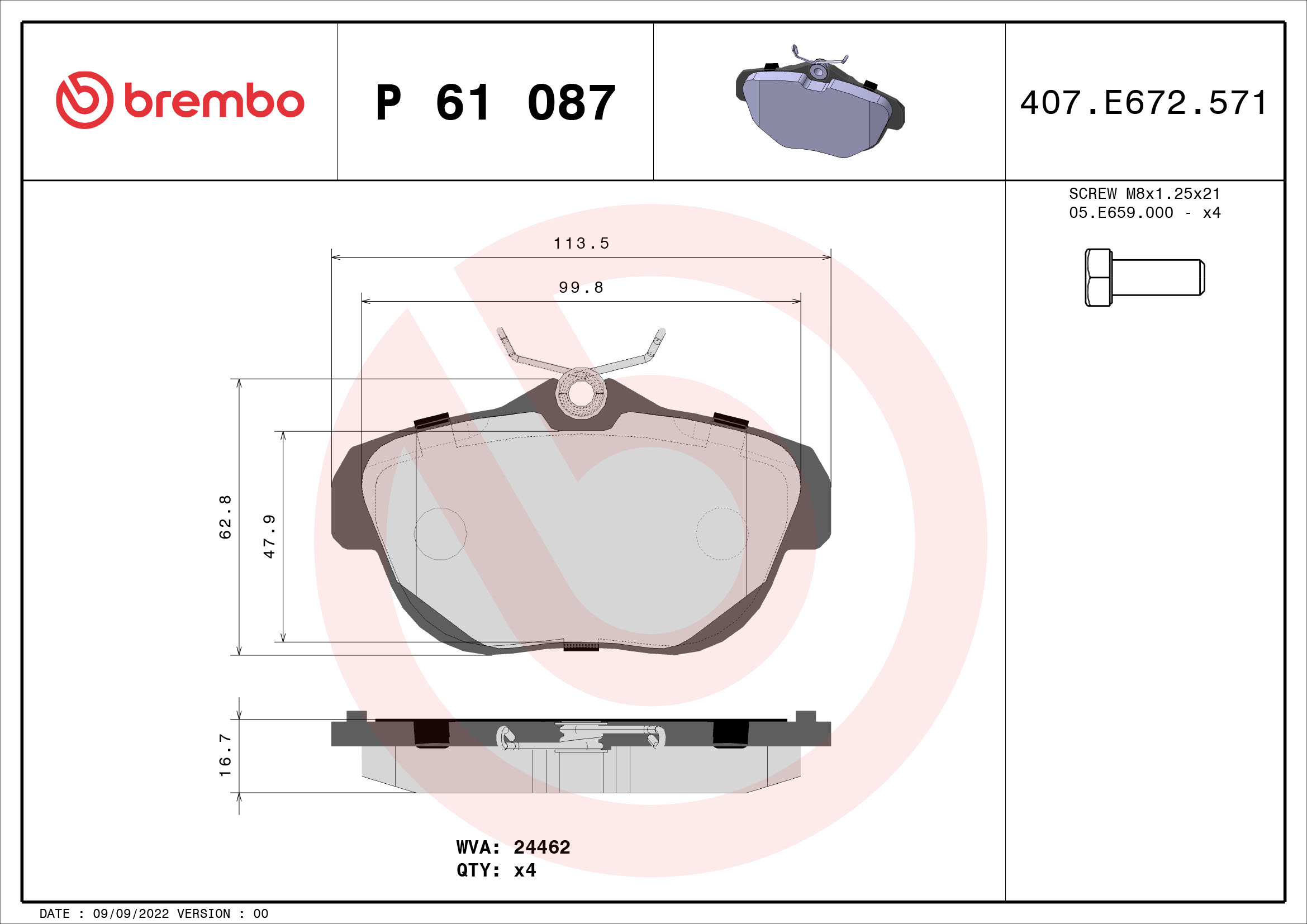 A.B.S. P 61 087 BREMBO Bremsbelagsatz, Scheibenbremse
